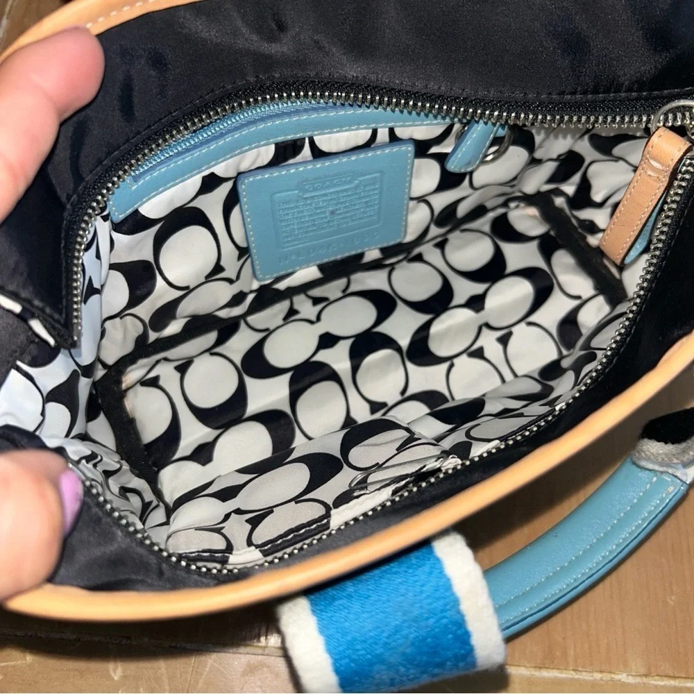 Black and Tan Tote Bag with Blue Handle